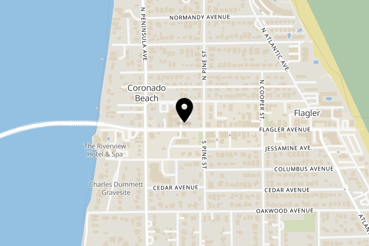 Map showing the location of DaKine Hawaiian Kitchen NSB on 216 Flagler Avenue in New Smyrna Beach